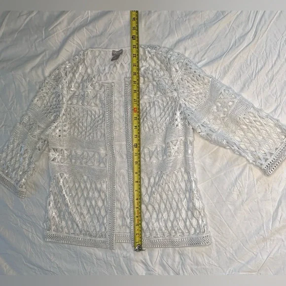 Chico’s Travelers White Open Knit Cardigan Sheer Crochet 3/4 Sleeve Jacket 4/6P - Picture 10 of 11